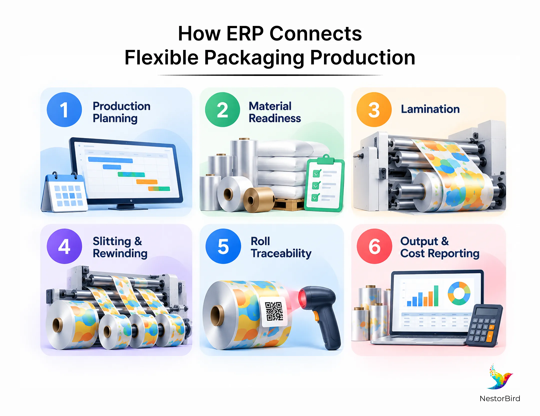 how erp connects flexible packaging production from production planning material readiness lamination slitting and rewinding roll traceability to output and cost reporting