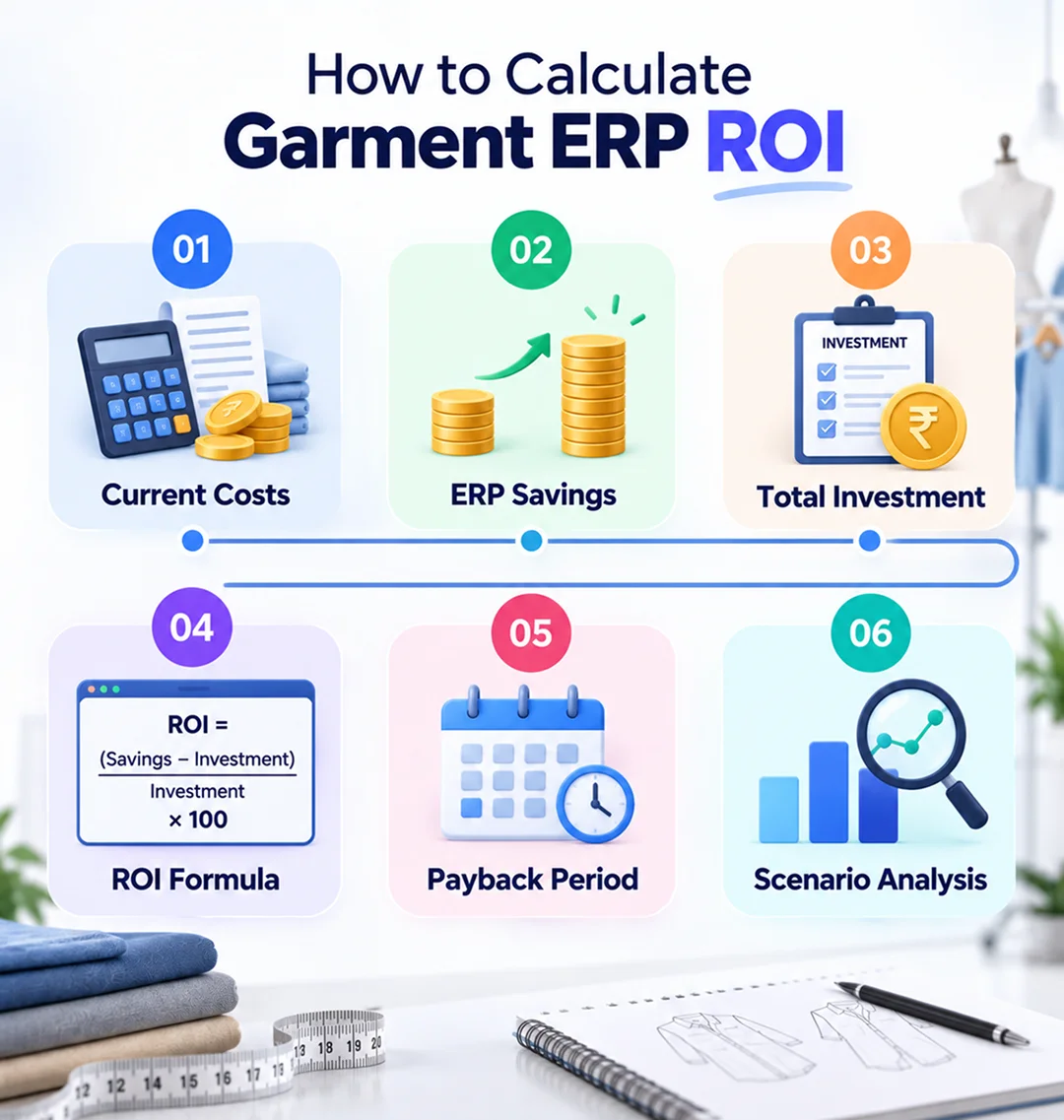 how to calculate garment erp roi with current costs erp savings total investment roi formula payback period and scenario analysis