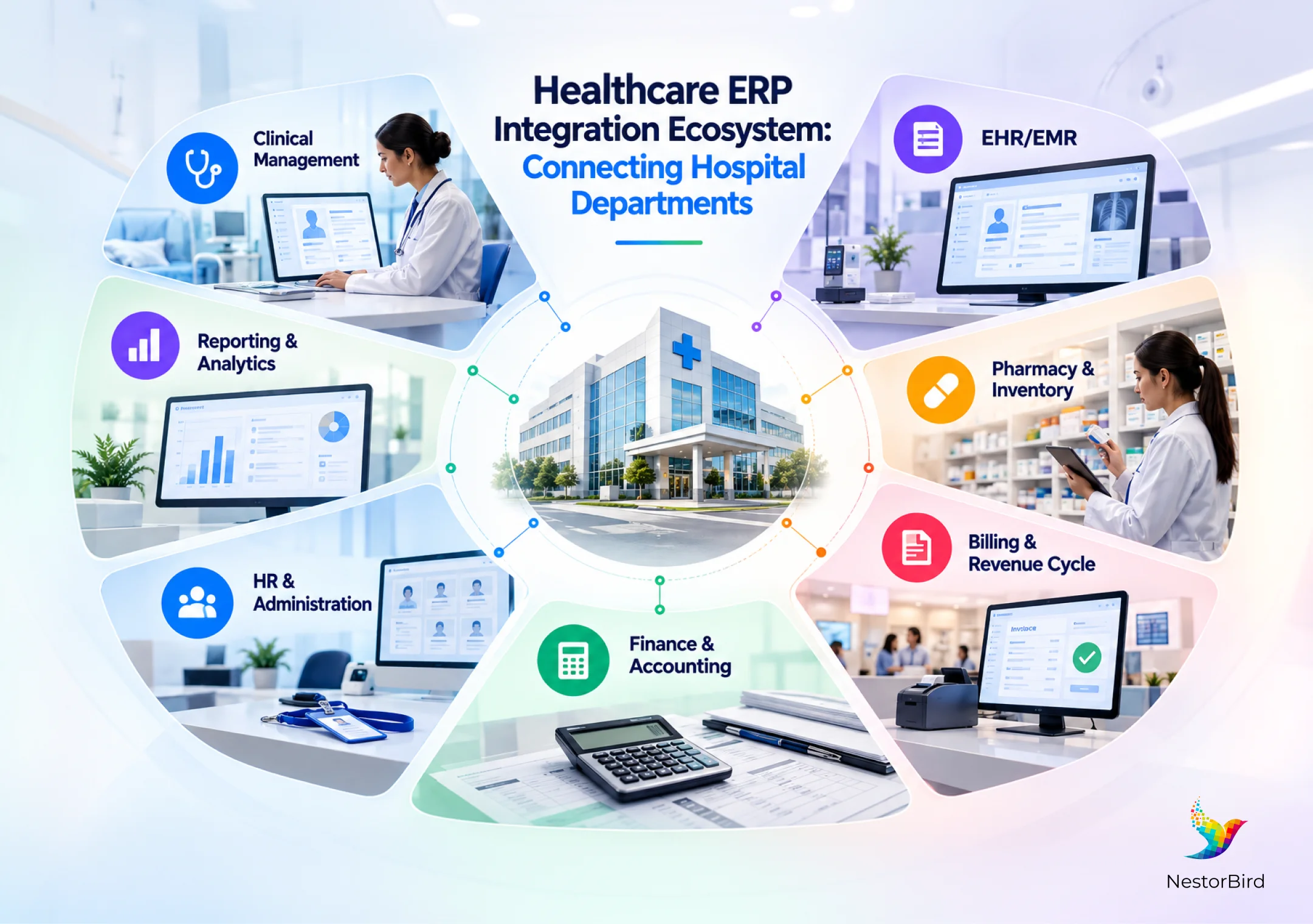 healthcare erp integration ecosystem connecting hospital departments clinical management ehr emr pharmacy and inventory billing and revenue cycle finance and accounting hr and administration reporting and analytics
