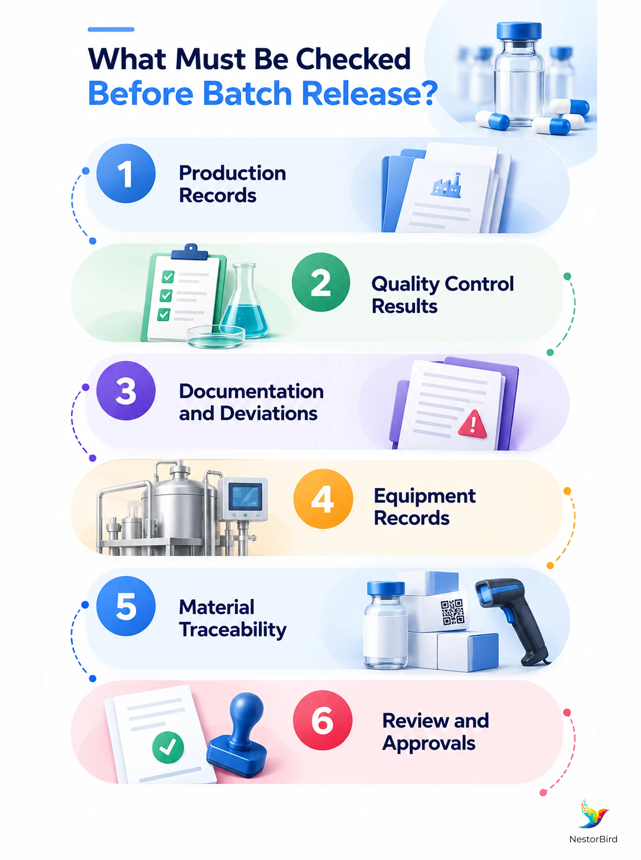 what must be checked before batch release production records quality control results documentation and deviations equipment records material traceability review and approvals